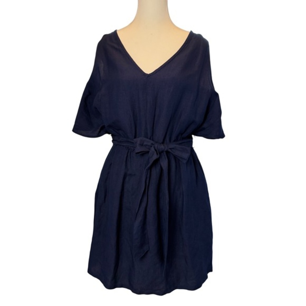 Tommy Bahama Navy Blue Linen Split Sleeve‎ Belted V-Neck Dress Medium NWT
